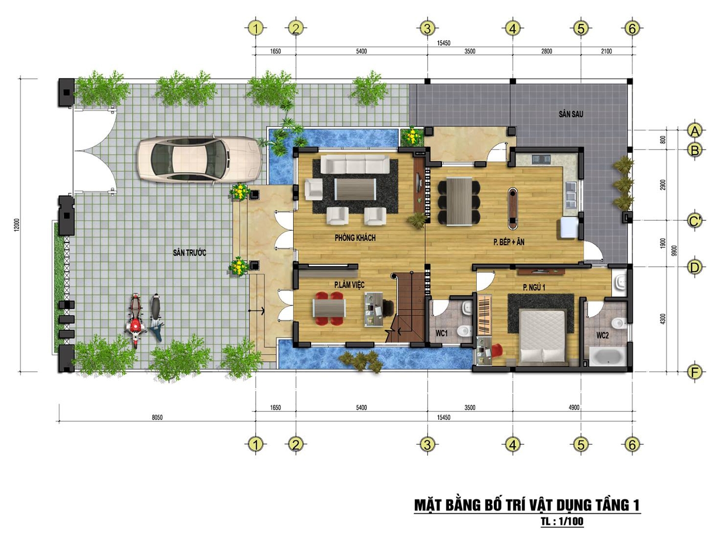 Mặt bằng tầng 1 mẫu nhà phố đẹp 3 tầng