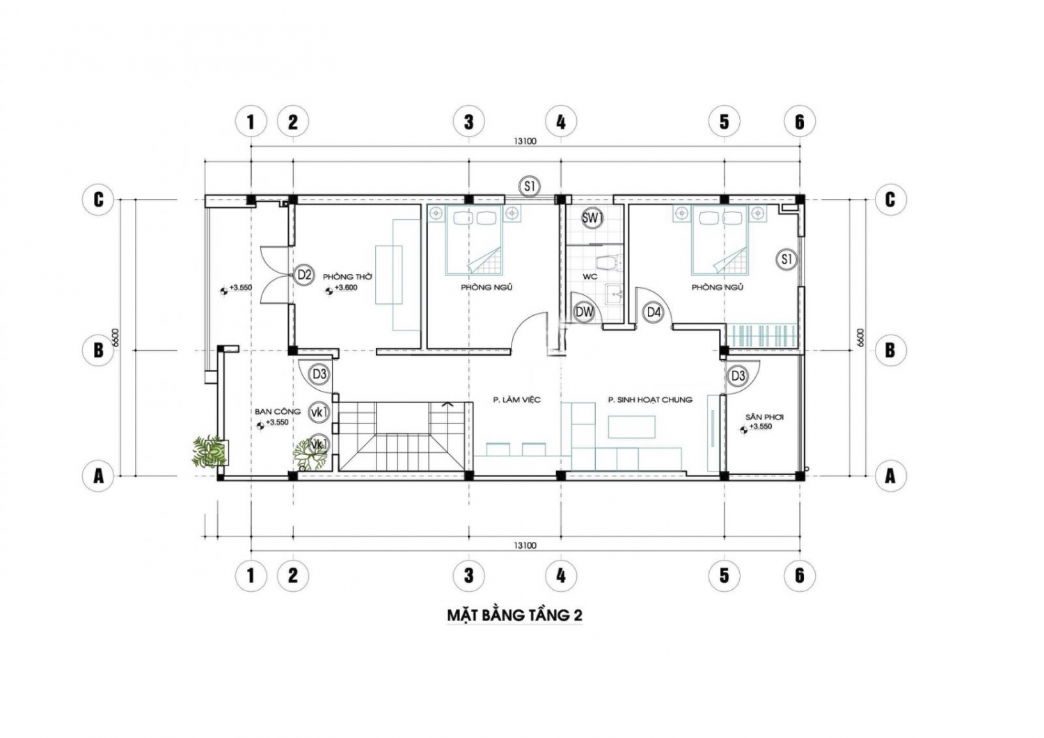 Mặt bằng tầng 2 mẫu nhà đẹp 2 tầng 3 phòng ngủ