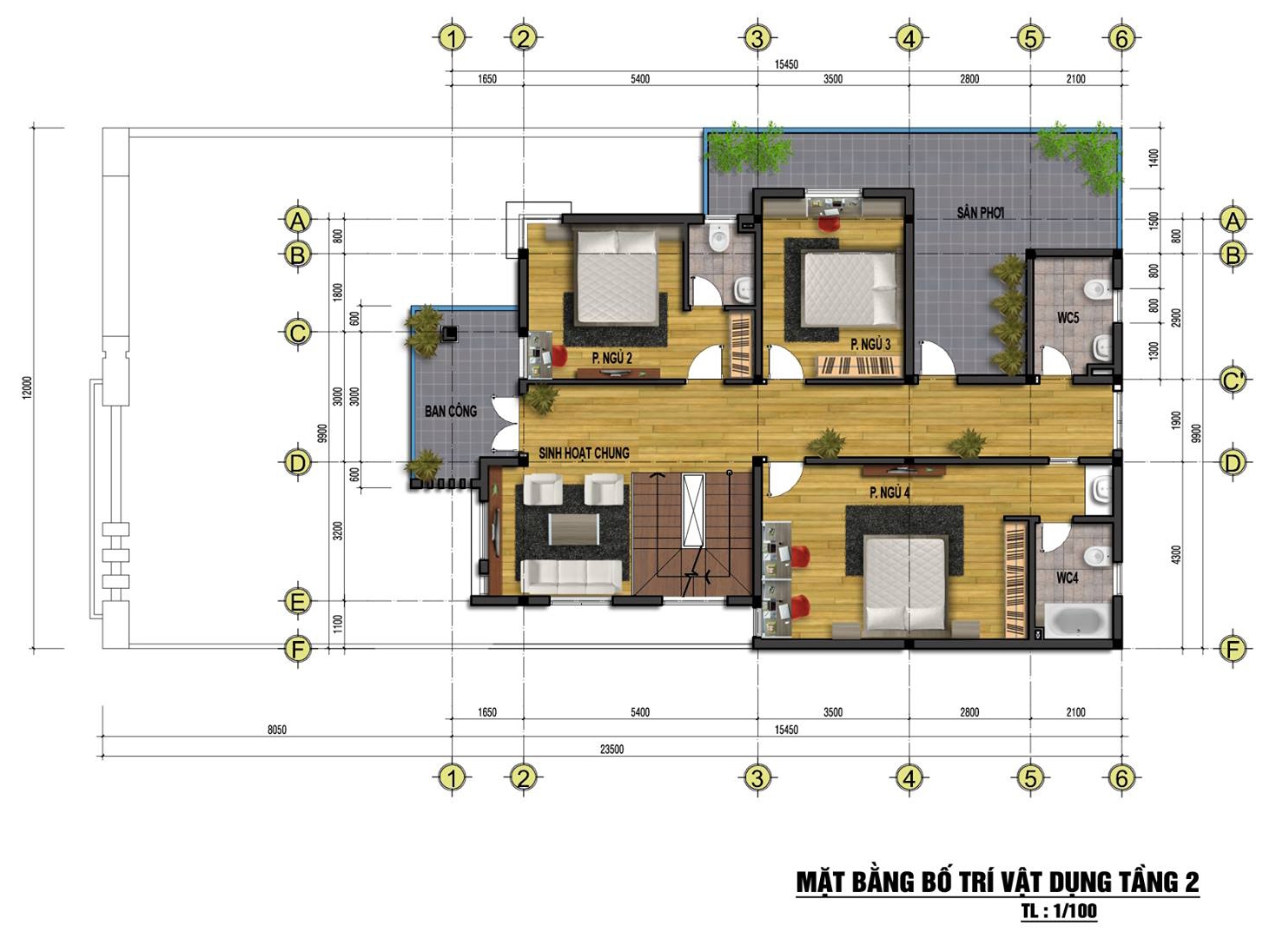 Mặt bằng tầng 2 mẫu nhà phố đẹp 3 tầng