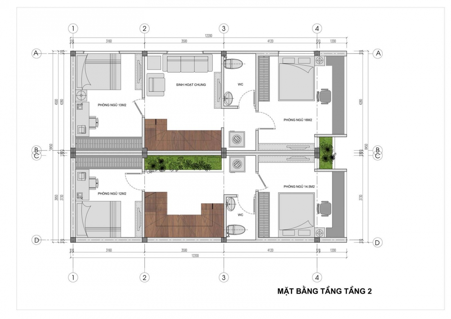 Mặt bằng tầng 2 Mẫu nhà phố đẹp 2.5 tầng
