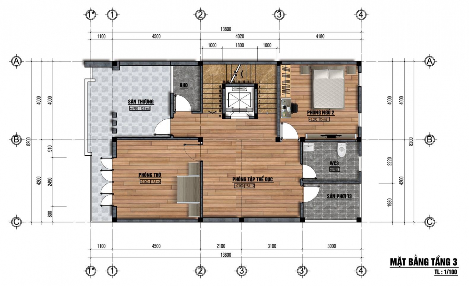Mặt bằng tầng 3 mẫu nhà đẹp 8x14m