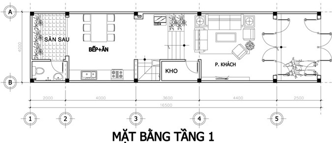 Mặt bằng tầng 1 nhà phố 4 tầng mặt tiền 4m