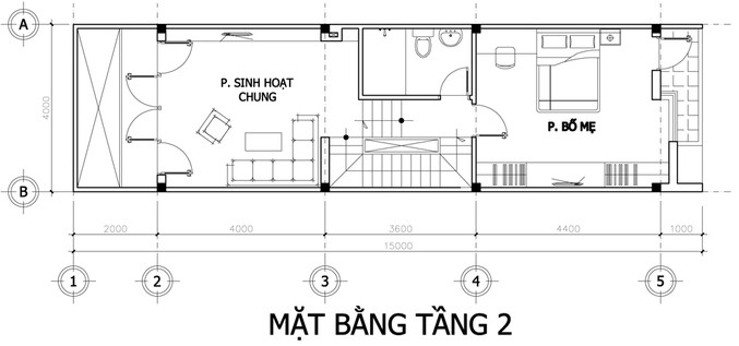 Mặt bằng tầng 2 nhà phố 4 tầng mặt tiền 4m