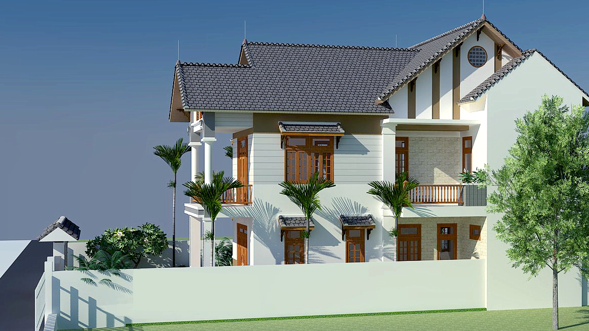 Mặt bên mẫu nhà 2 tầng mái thái