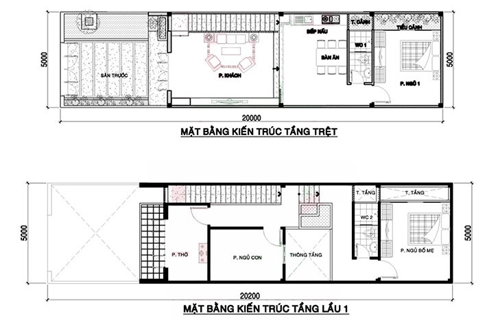 Bản vẽ nhà ống 2 tầng 3 phòng ngủ, 4×15m