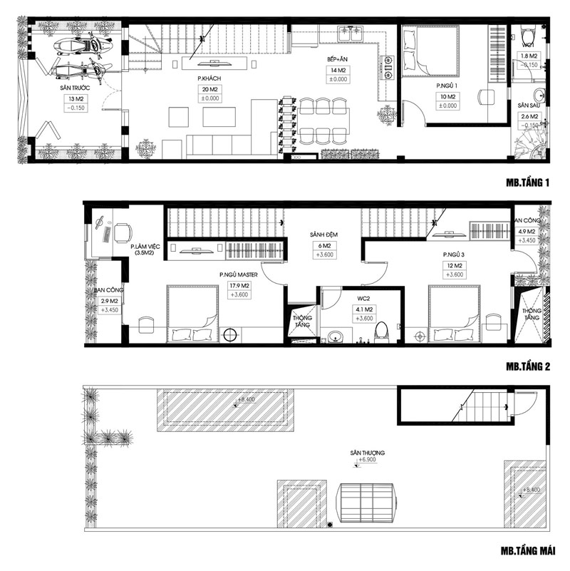 Bản vẽ nhà ống 2 tầng 3 phòng ngủ 5×20m
