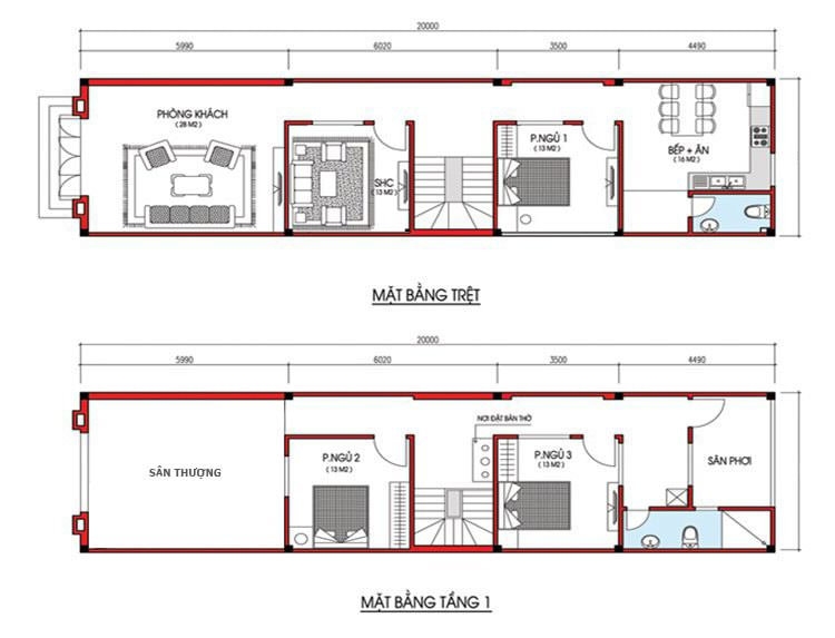 Bản vẽ nhà ống 2 tầng 3 phòng ngủ 5×18m