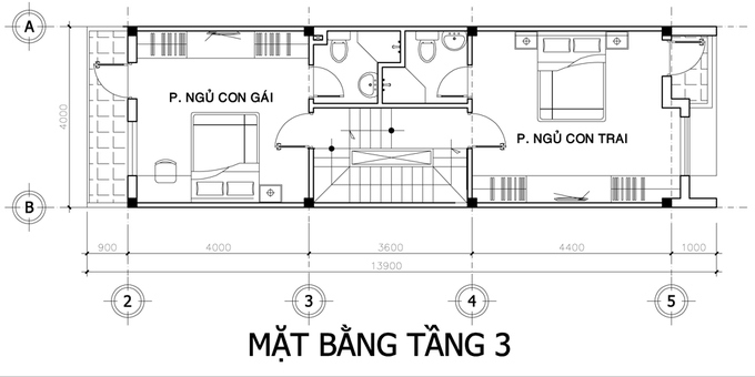 mặt bằng tầng 3 mẫu thiết kế nhà phố 4 tầng mặt tiền 4m
