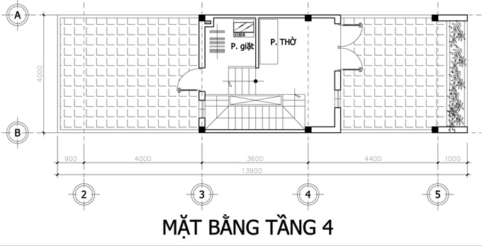 mặt bằng tầng 4 nhà phố 4 tầng mặt tiền 4m