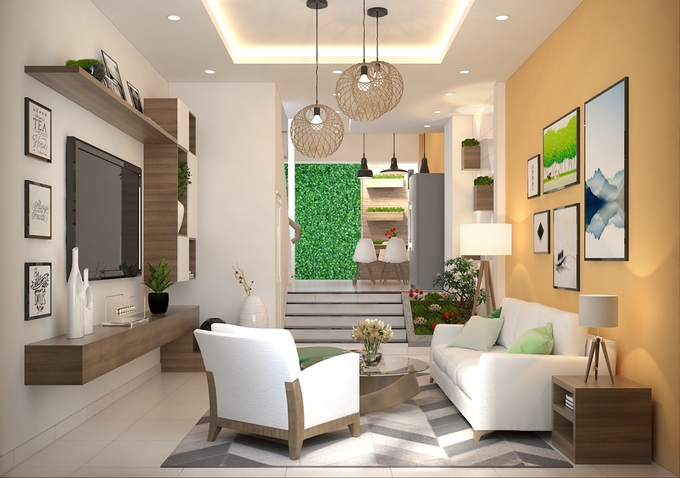 Bố trí nội thất phòng khách nhà phố 4 tầng mặt tiền 4m